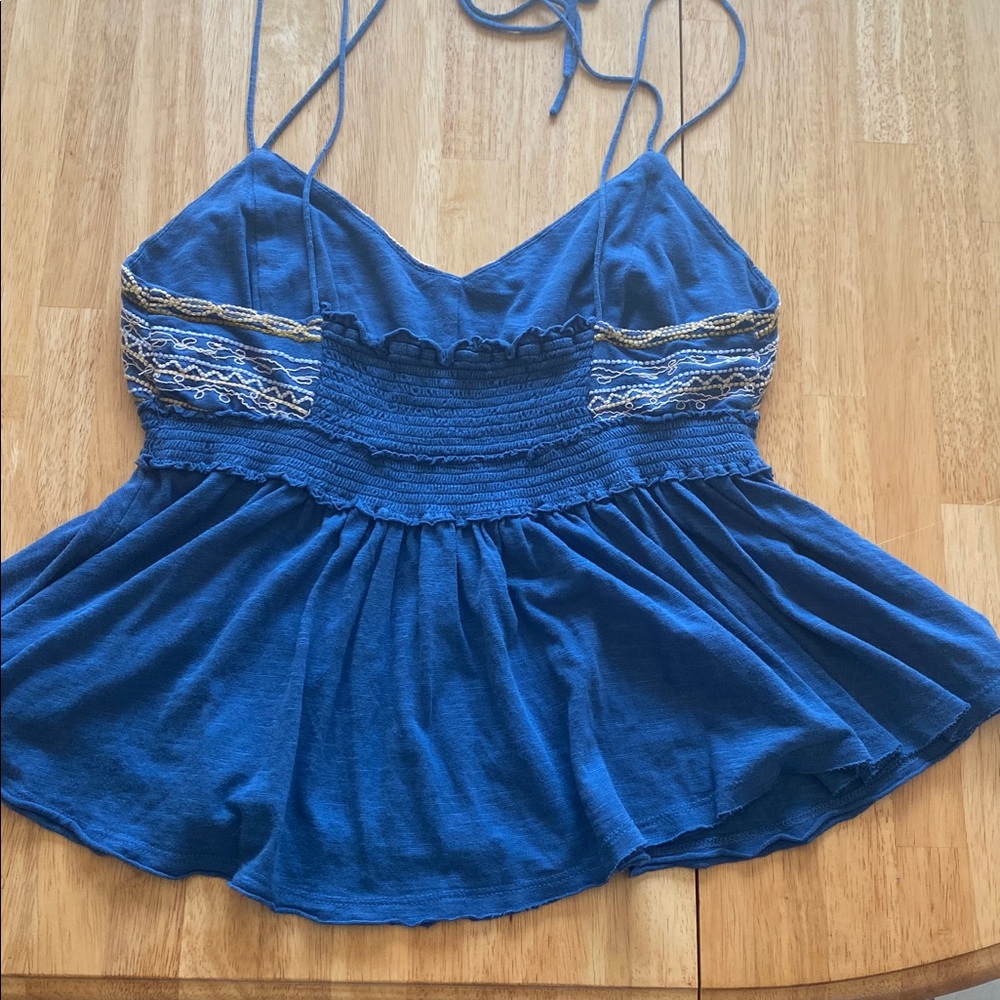 Free People Embroidered Blue Cropped cami Tank Top Babydoll Boho y2k Size L - Picture 3 of 6